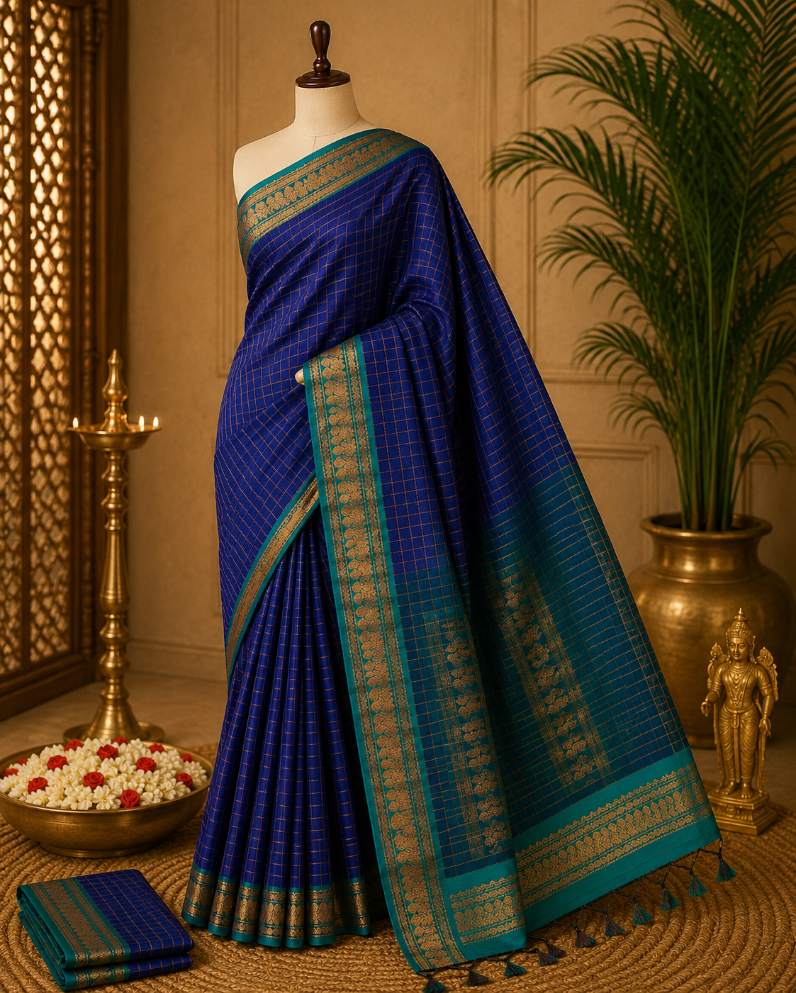 Ink Blue Fancy Kalyani Cotton Checks Sarees