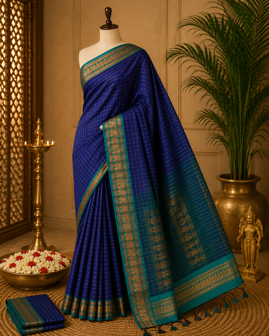 Ink Blue Fancy Kalyani Cotton Checks Sarees