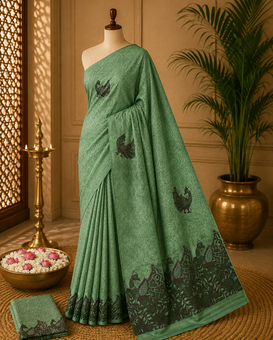 Green Kalamkari Printed Cotton Saree