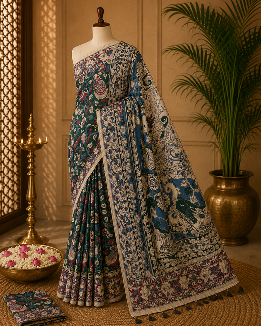 Dark Green Kalamkari Printed Cotton Saree