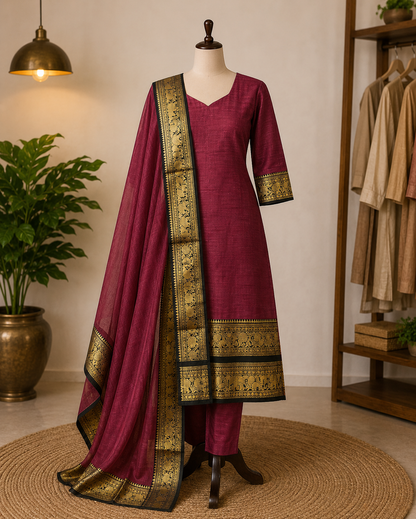 Red Fancy Kanchi Cotton Top And Dupatta