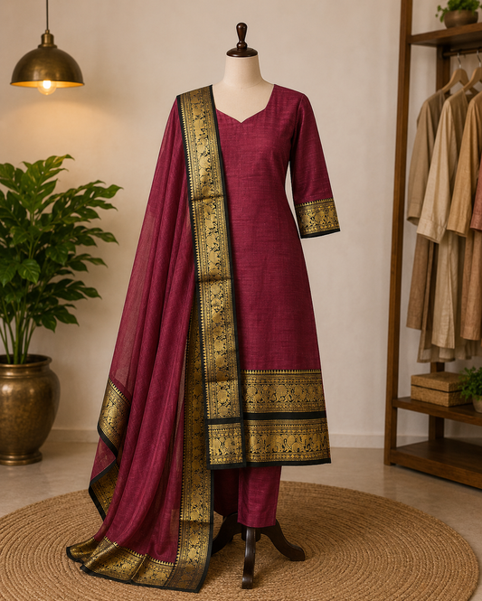 Red Fancy Kanchi Cotton Top And Dupatta