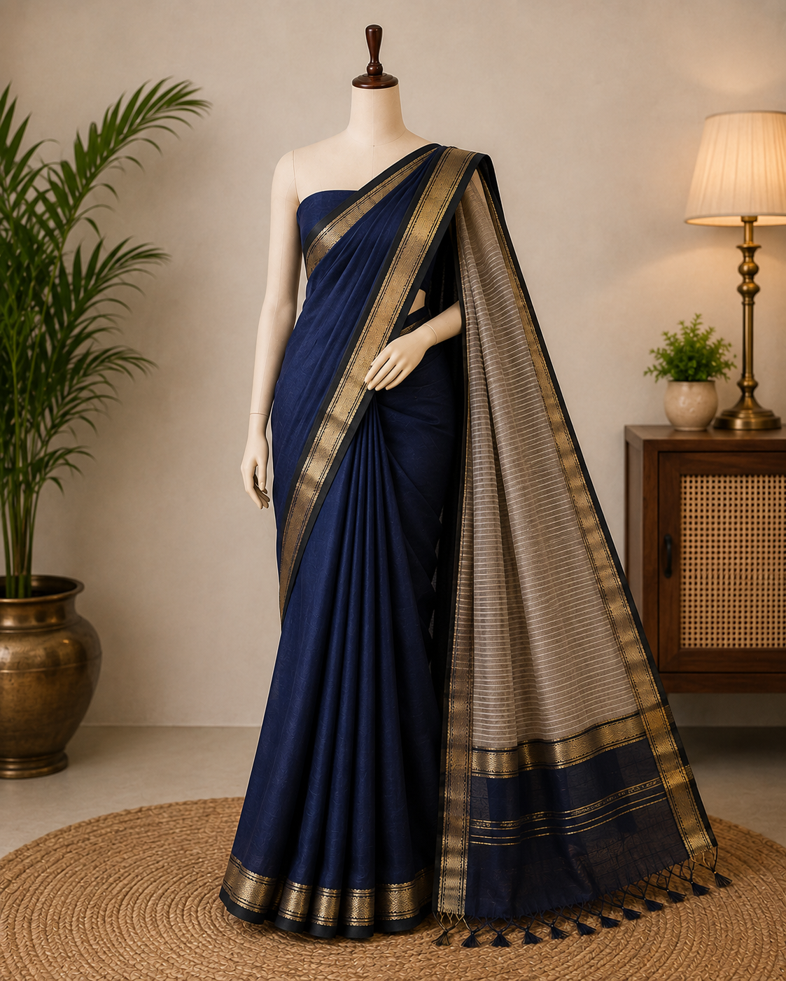Navy Blue Fancy Soft Cotton Silk Saree