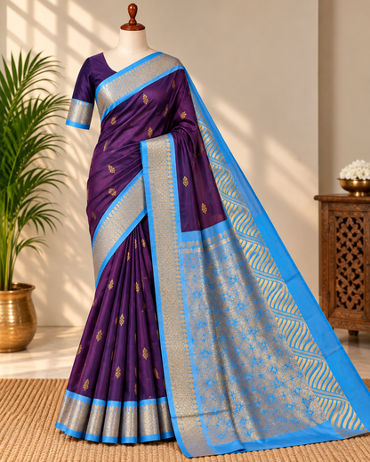 Purple & Sky Blue Soft Silk Saree