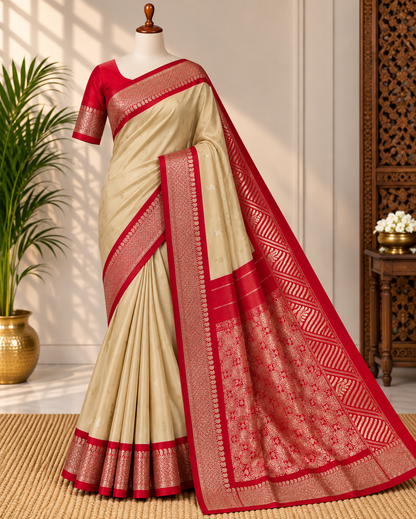 Cream & Red Soft Silk Saree