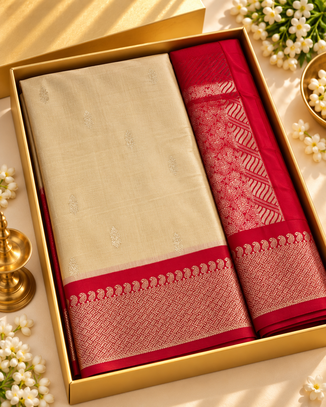 Cream & Red Soft Silk Saree