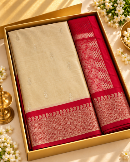 Cream & Red Soft Silk Saree