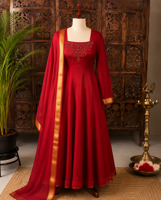 Dark Maroon Fancy Blooming Silk Maxi with Duppata