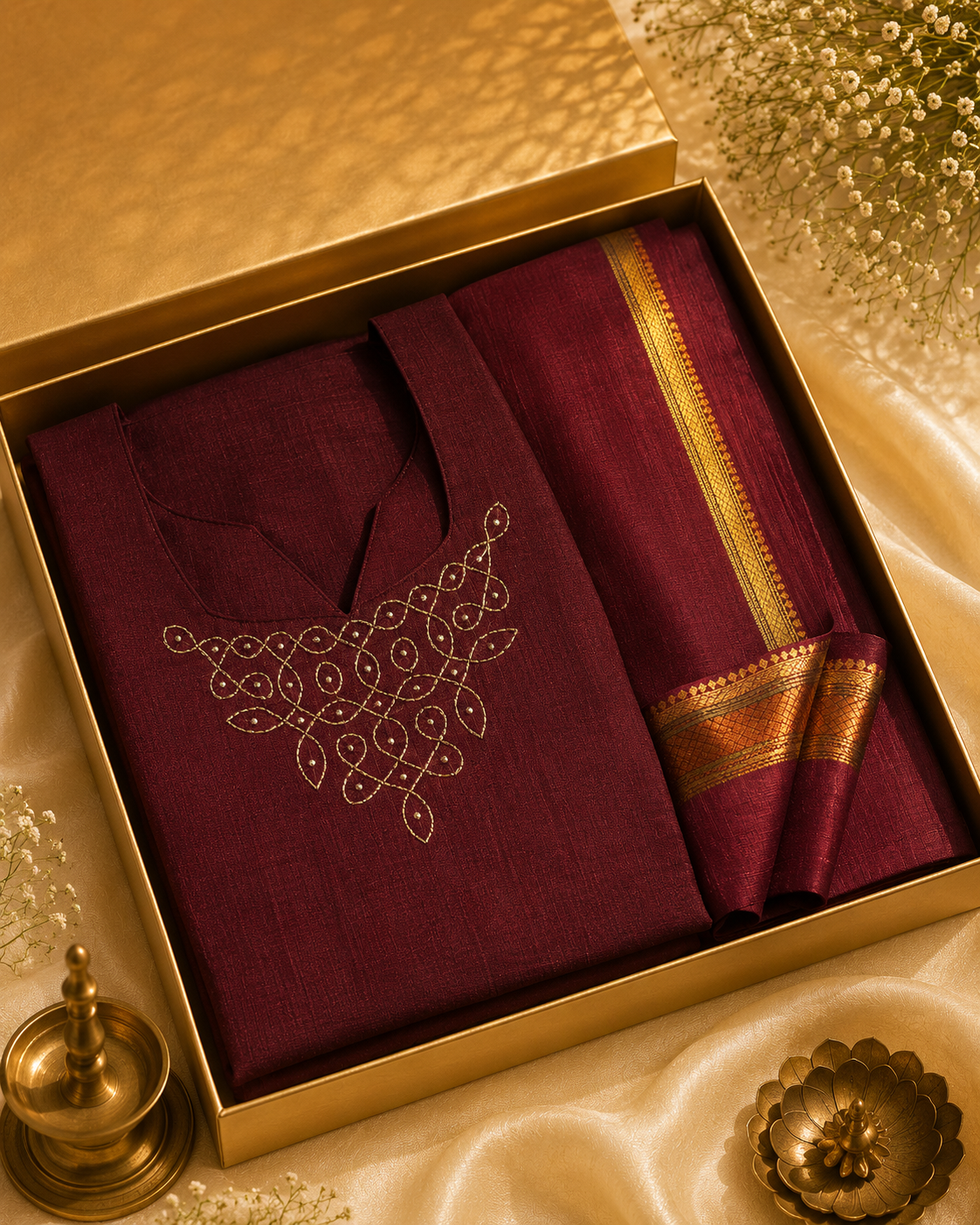 Dark Maroon Fancy Blooming Silk Maxi with Duppata