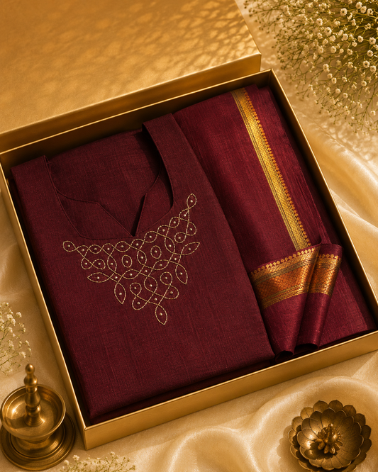 Dark Maroon Fancy Blooming Silk Maxi with Duppata