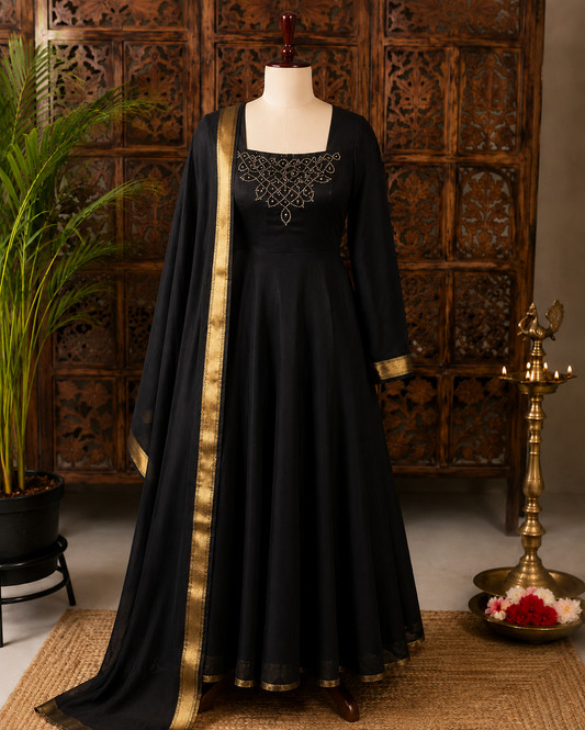 Black Fancy Blooming Silk Maxi with Duppata