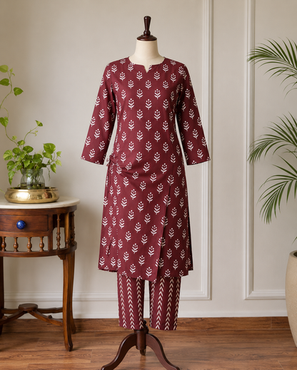 Brown Fancy Cotton Handblock Printed Kurti With Pant