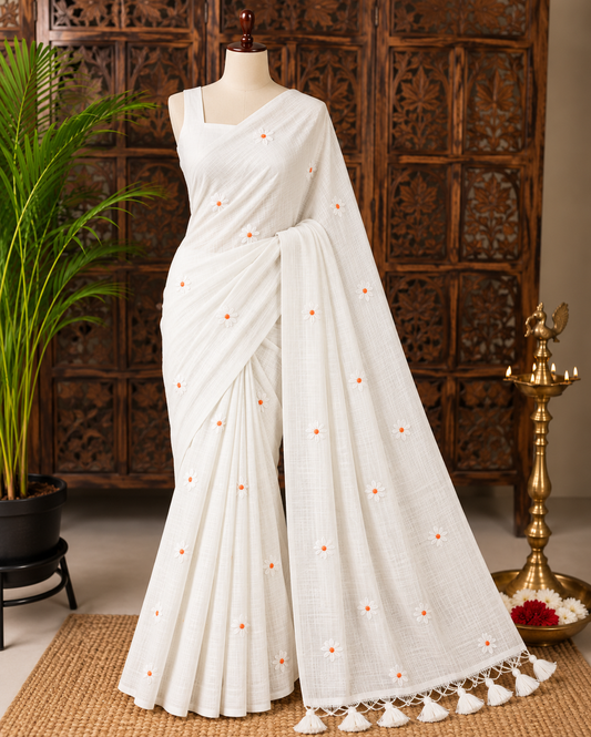 White Fancy Kota Cotton Saree