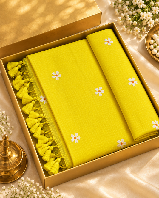 Lemon Yellow  Fancy Kota Cotton Saree