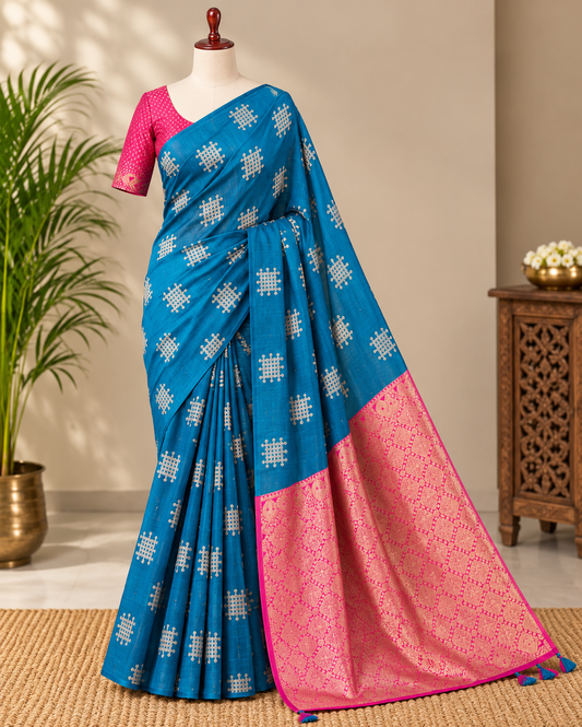 Peacock Blue Fancy Soft Silk Woven Saree