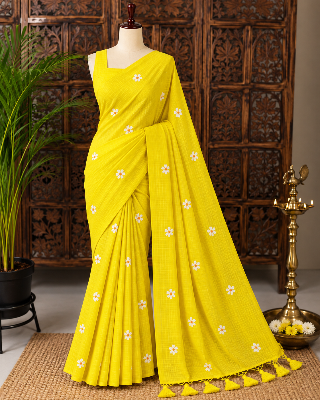 Lemon Yellow  Fancy Kota Cotton Saree