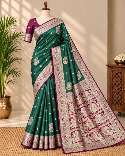 Soft Banarasi Silk Saree - Bottle Green